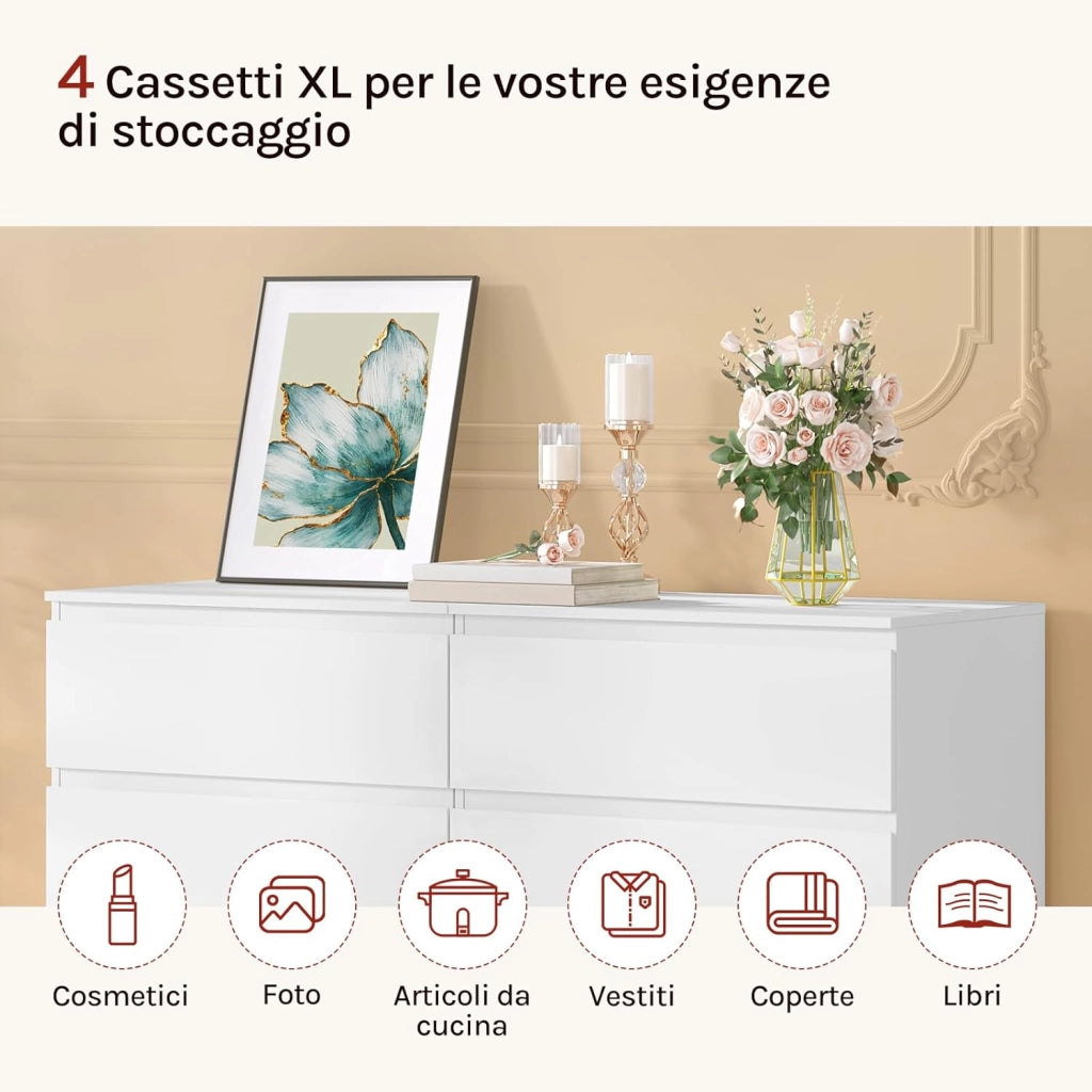 Comò Bianco per Camera da Letto, Cassettiera 4 Cassetti in Legno, Mobile Contenitore per Soggiorno o Ingresso, Dimensioni 60x40x90 cm, KMD004ws