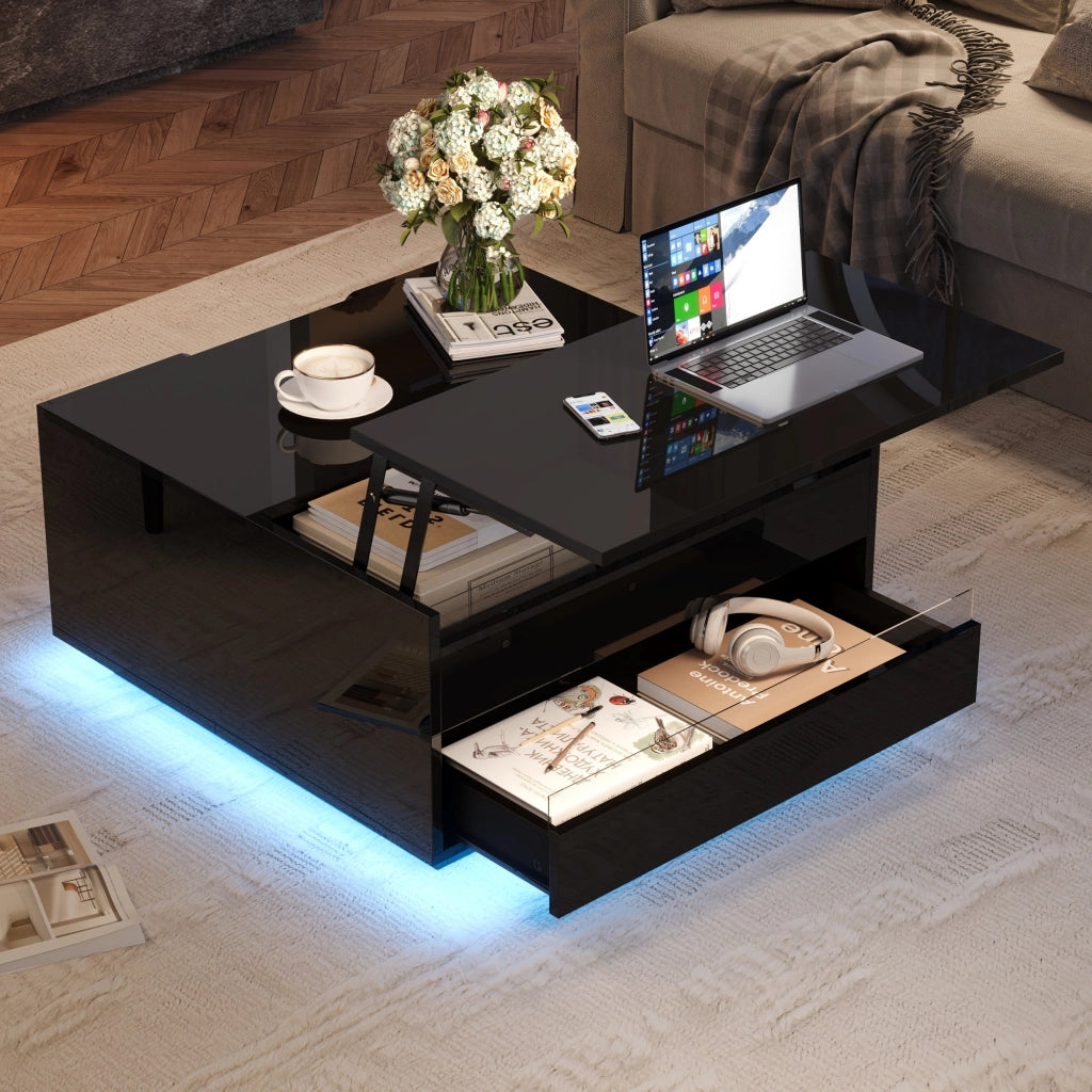 Tavolino da salotto 70x70x38 cm; piano sollevabile e vano nascosto; truciolato; nero