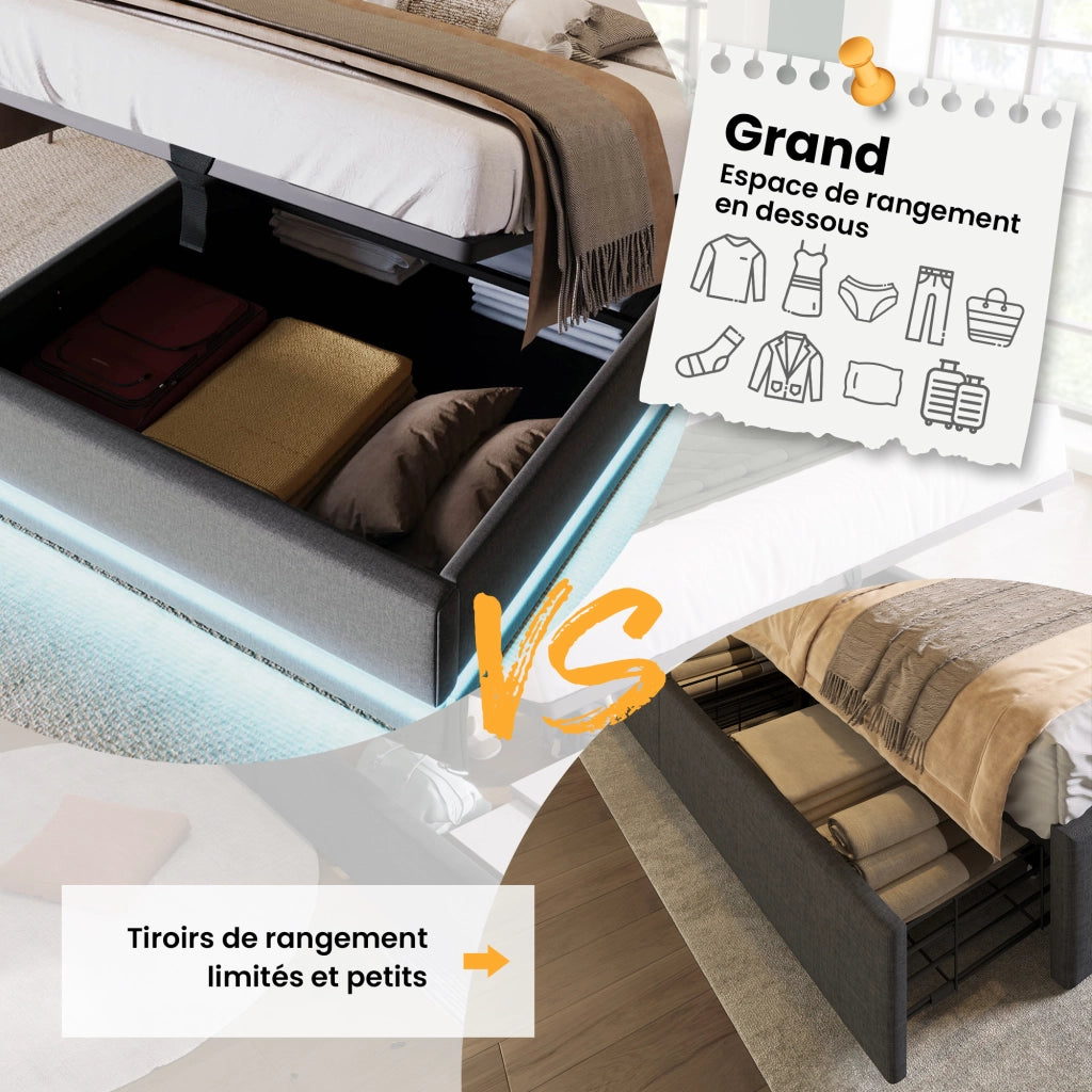 Letto Contenitore 140×200 cm; Letto Matrimoniale con USB; LED Regolabile e Mensola; senza Materasso
