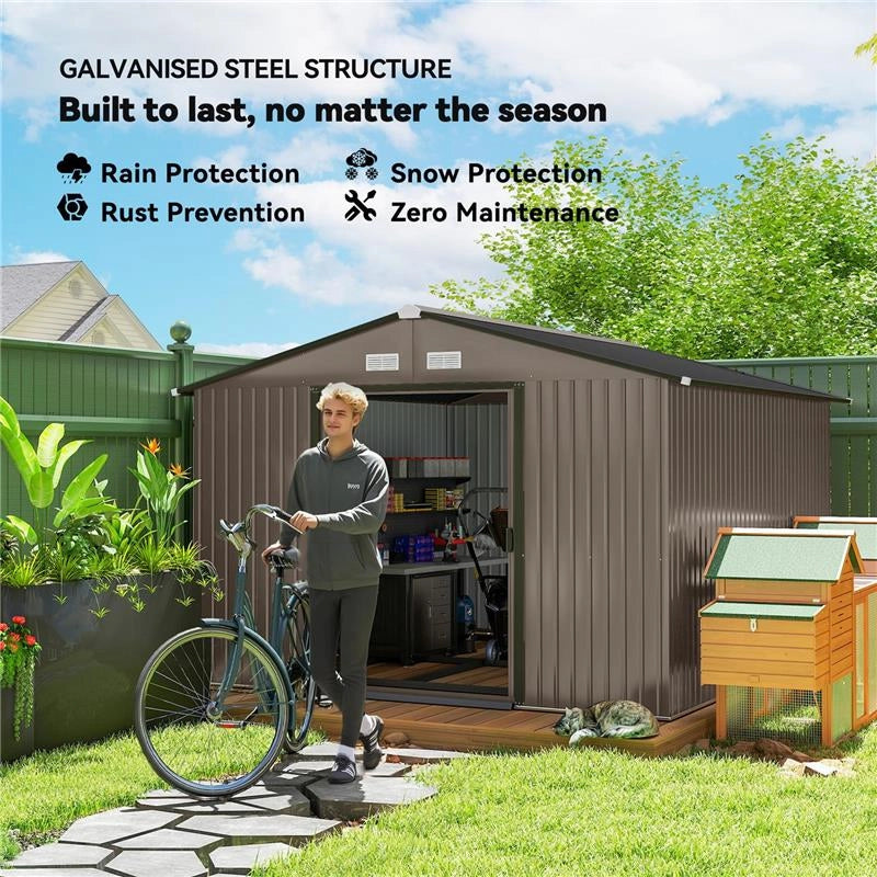 CASETTA DA GIARDINO CON 2 PORTE SCORREVOLI E 4 PRESE D'ARIA IN ACCIAIO, 322X277X192 CM, MARRONE