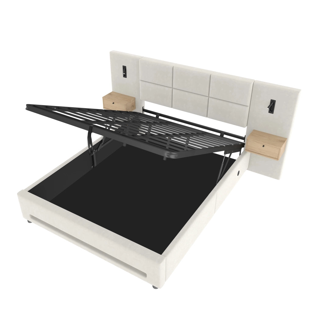 Letto imbottito 160x200 cm in velluto beige con testiera contenitore, USB-C, luci LED e vano salvaspazio