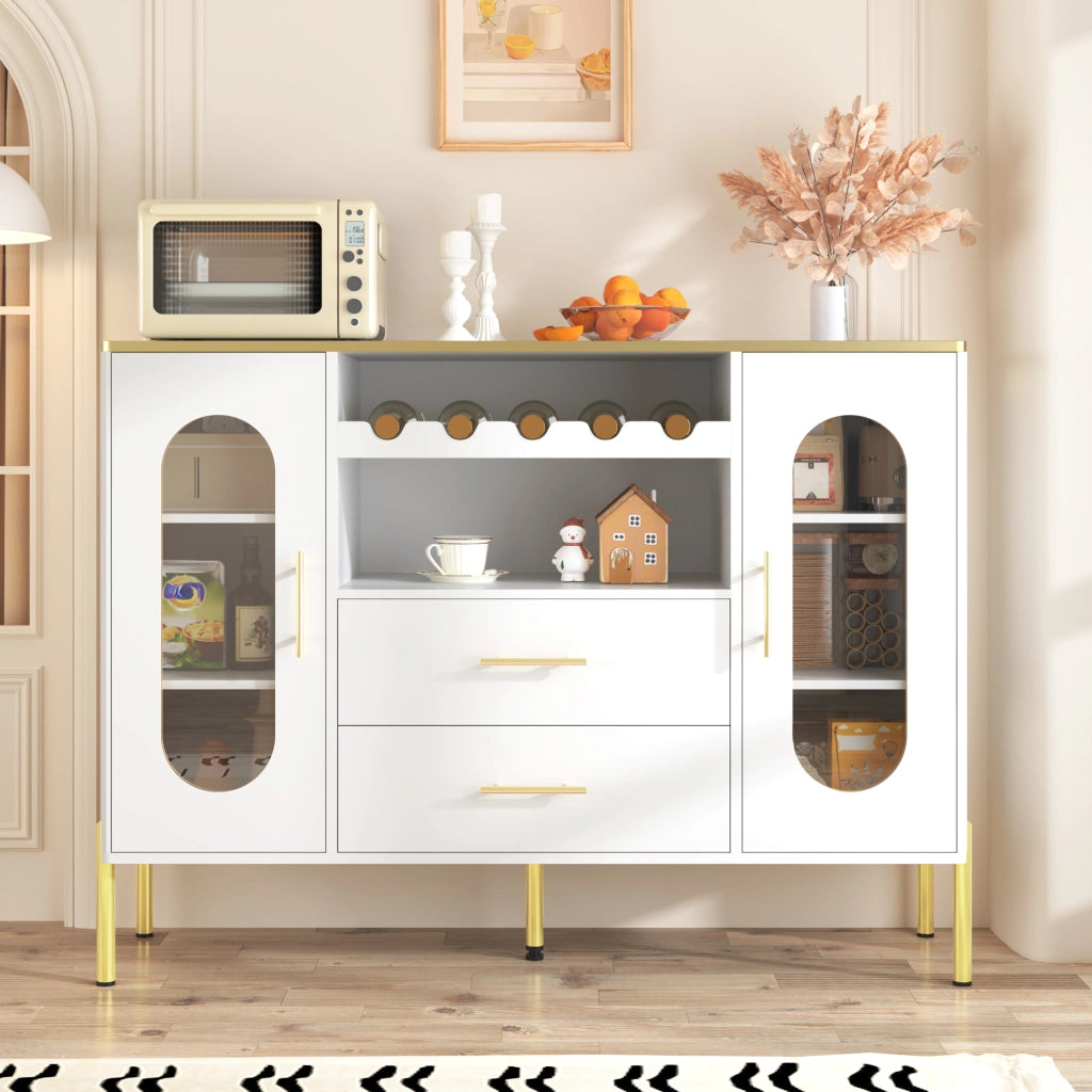 Credenza con 2 Ante in Vetro; 2 Cassetti e Portabottiglie; Maniglie Dorate; Piede Regolabile; in MDF; 120??38??90 cm; Bianco
