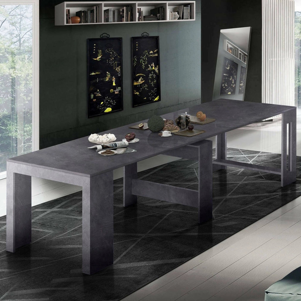 Tavolo da pranzo Anello, Made in Italy, Consolle allungabile fino a 12 posti, con portallunghe, cm 51/300x90h77, Grigio Ardesia