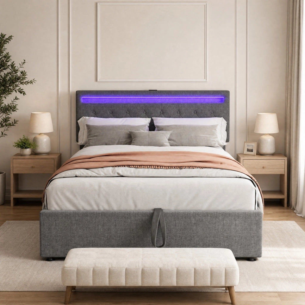 Letto matrimoniale 140x200 cm imbottito con contenitore; LED RGB; USB e USB-C; grigio