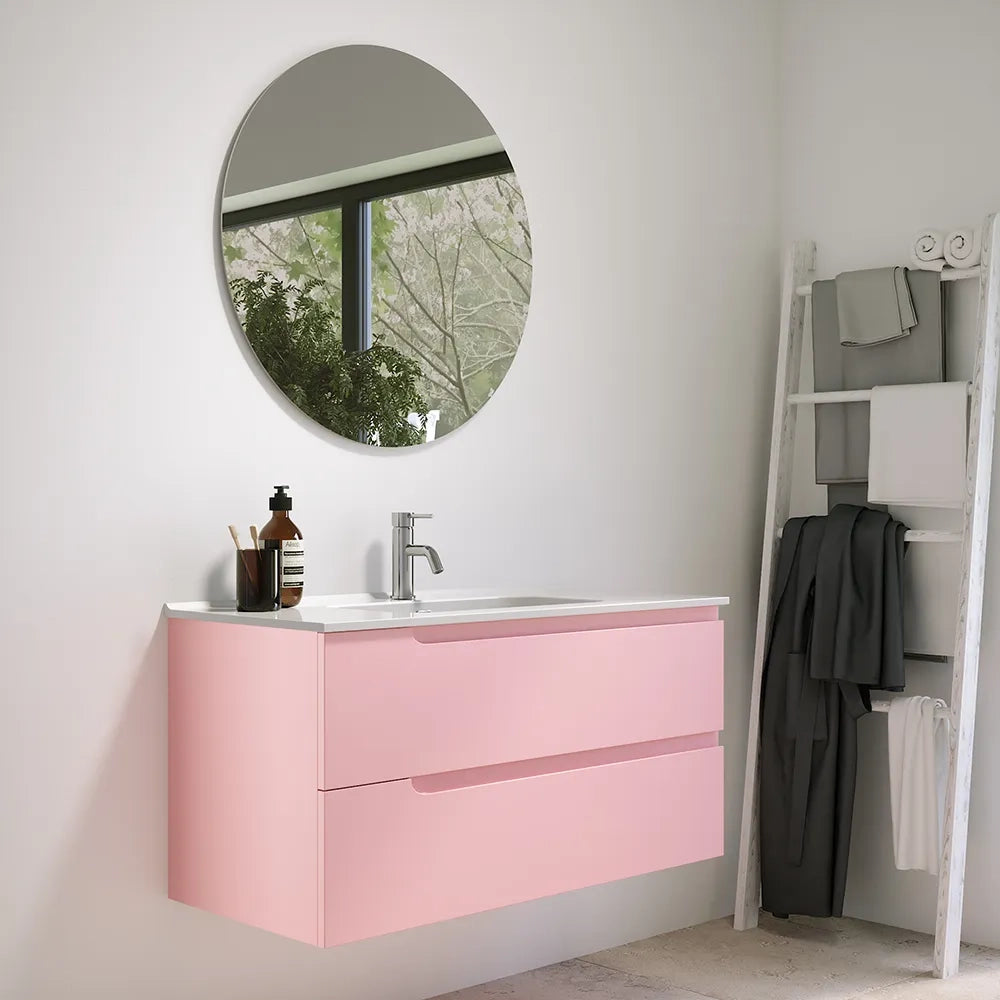 Mobile bagno sospeso 100 cm due cassetti rosa cipria opaco con lavabo | Ardenne