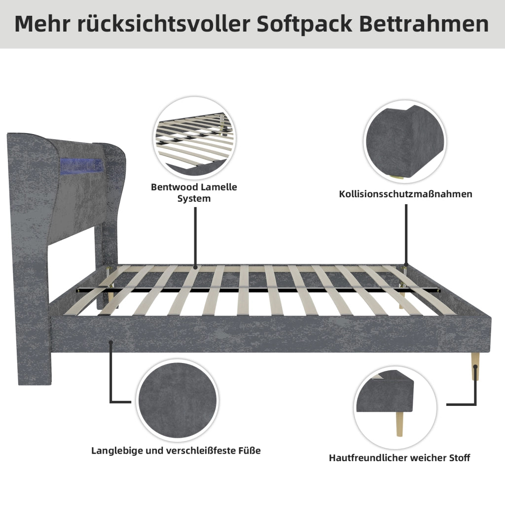 Letto Basso 140x200 cm - LED Regolabile; Schienale Regolabile - in Tessuto e Metallo Grigio