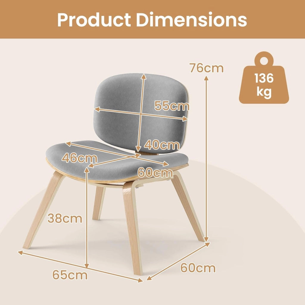 Sedia per il tempo libero imbottita, sedia relax con schienale e seduta curvi, struttura in legno e gambe con cuscinetti antiscivolo, 65 x 60 x 76 cm, per soggiorno, sala da pranzo (grigio