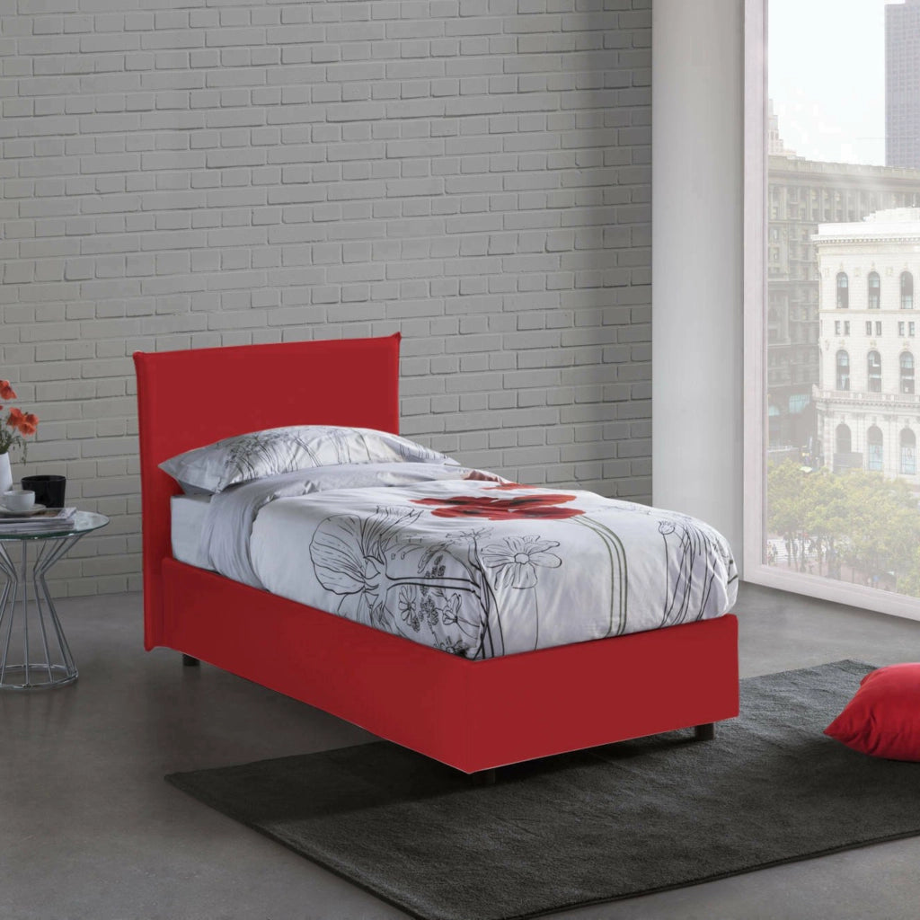 Letto singolo Ajan, Letto contenitore con rivestimento in tessuto, Made in Italy, Apertura frontale, adatto per materasso cm 90x190, Rosso