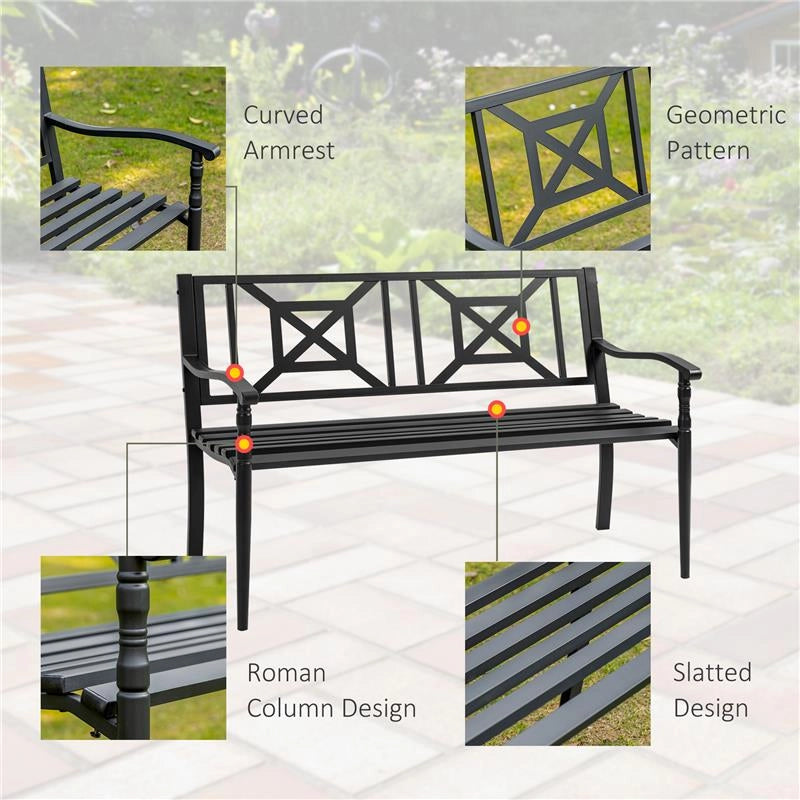 PANCHINA DA GIARDINO IN ACCIAIO A 2 POSTI CON SCHIENALE ALTO E BRACCIOLI, 128X62.5X81.5 CM, NERO