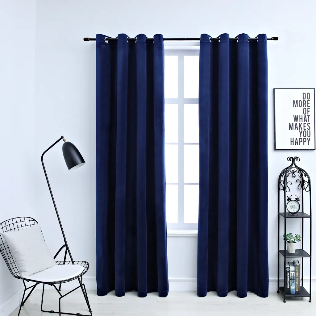 Tende Oscuranti | Tende Blackout con Anelli 2 pz Blu Scuro in Velluto 140x225 cm