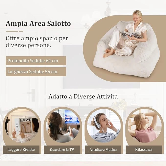 Pouf Poltrona Sacco, Divano Pigro di Peluche con Rivestimento in Velluto Morbido e Fondo Antiscivolo, Divano da Pavimento Imbottito per Soggiorno, 129 x 111 x 69 cm
