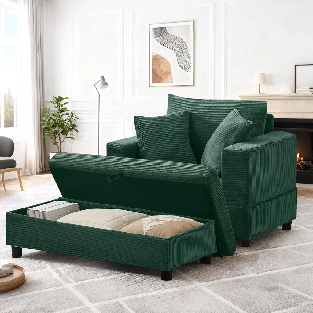 Chaise longue con contenitore e 3 cuscini in cordone di legno e metallo verde smeraldo 107 × 74 × 57 cm
