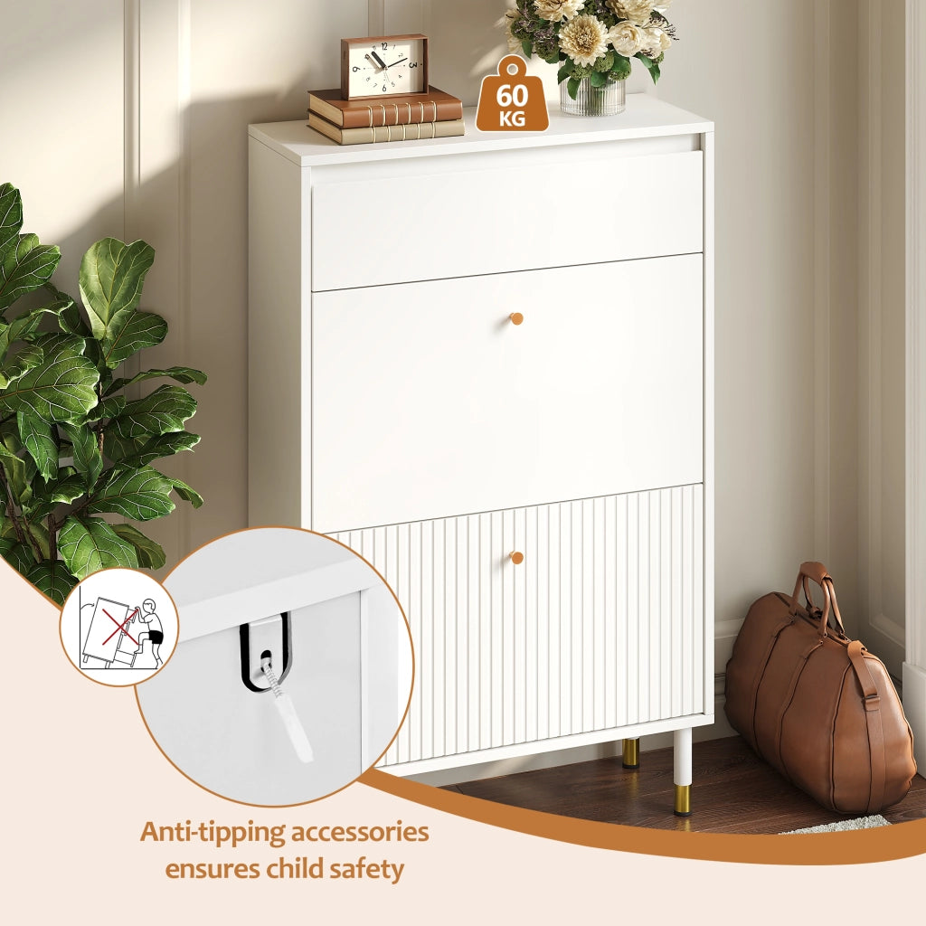 Scarpiera stretta con 1 cassetto e 2 vani ribaltabili, 4 piedi metallici, per ingresso, bianco, 65 × 24 × 104 cm
