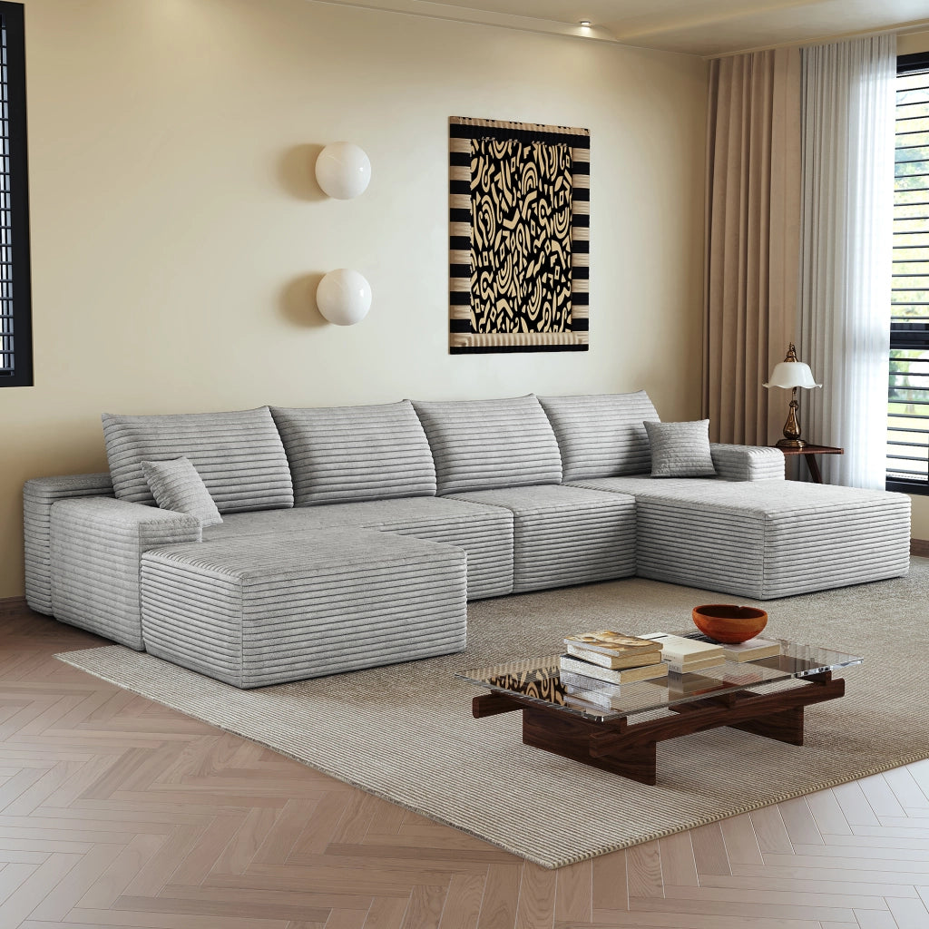 Divano in tessuto a coste grigio imbottito in schiuma ad alta elasticità 340 × 175 × 83 cm