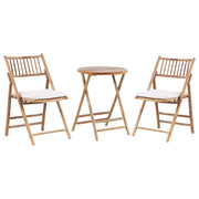 Set da giardino tavolino pieghevole e 2 sedie in bambù naturale e cuscini di colore bianco esterno