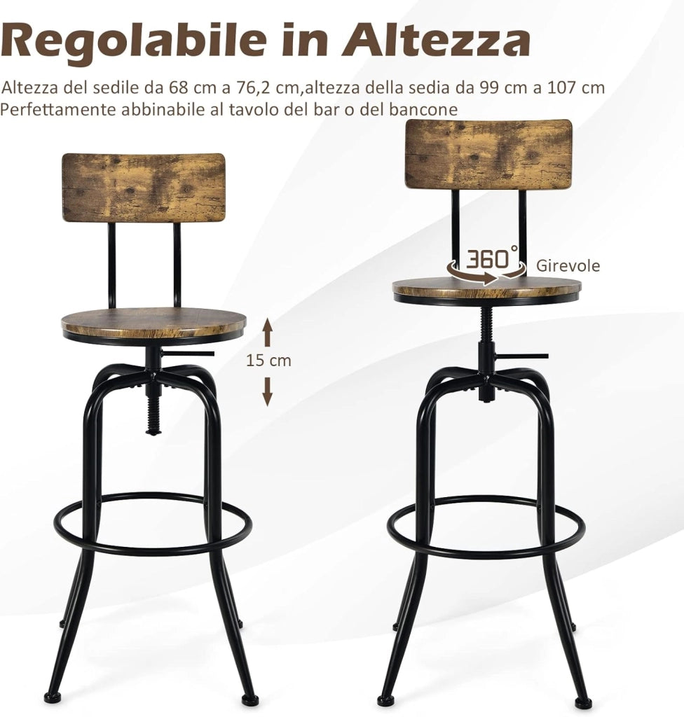 Set di 2 Sgabelli da Bar, Sgabello Girevole con Schienale Staccabile e Poggiapiedi, Altezza Regolabile da 69-76 cm, per Casa Cucina Bar