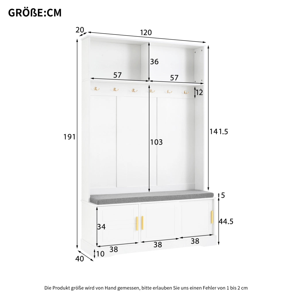 Appendiabiti da ingresso con panca e scarpiera, bianco, 120×40×191 cm