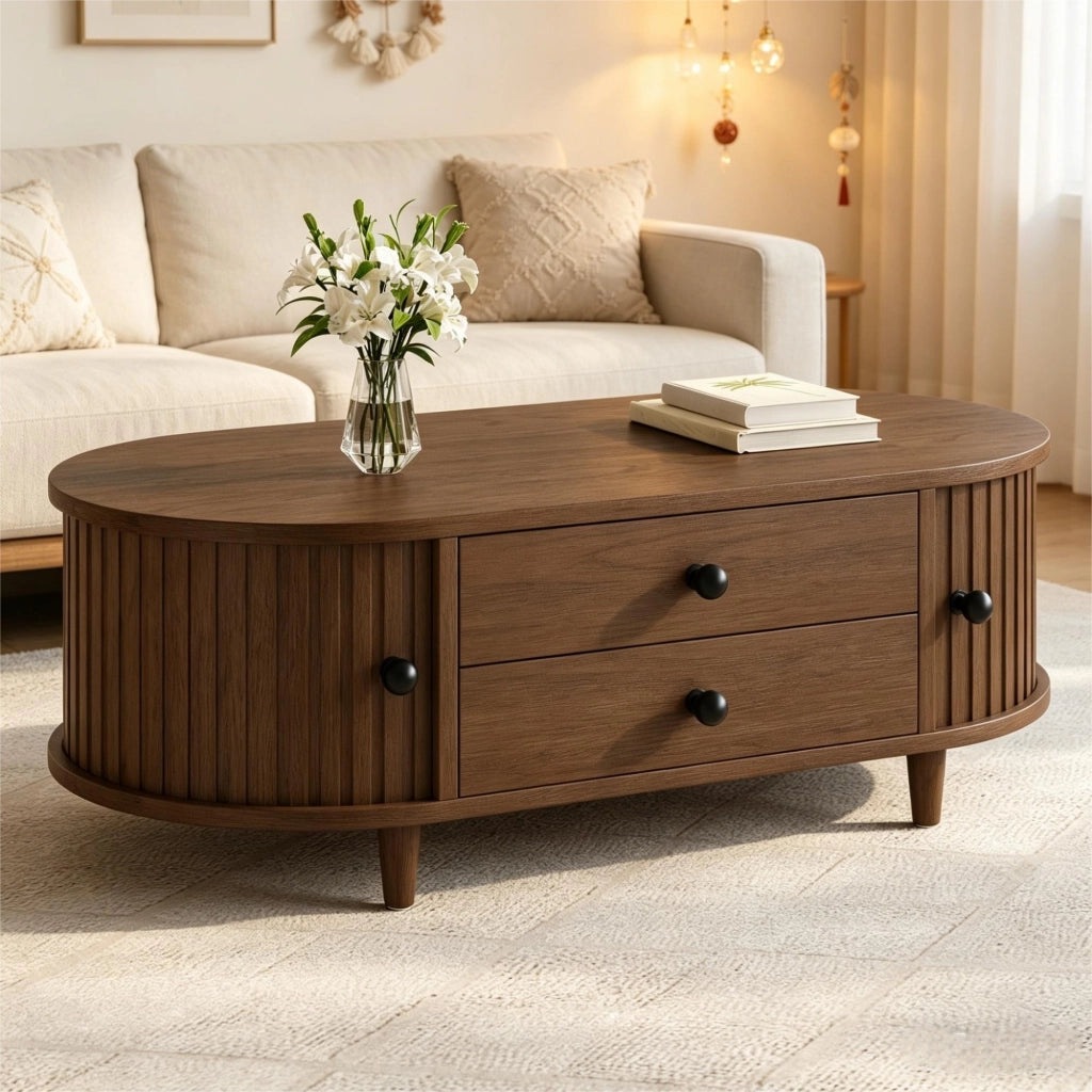 Tavolino, ante scorrevoli, 2 cassetti, in MDF, gambe in legno, 100 x 50 x 36 cm, color noce