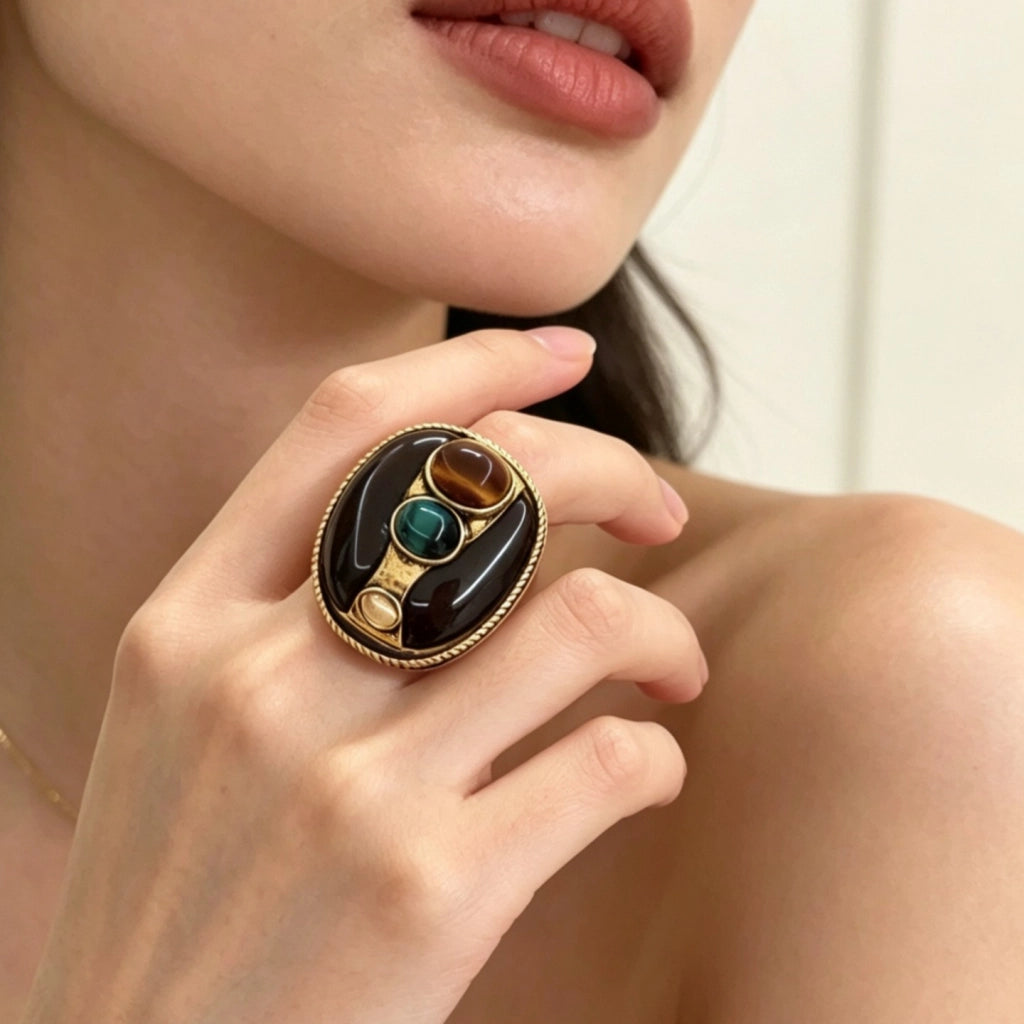 Anello di lusso sobrio in turchese blu occhio di tigre, in stile francese.