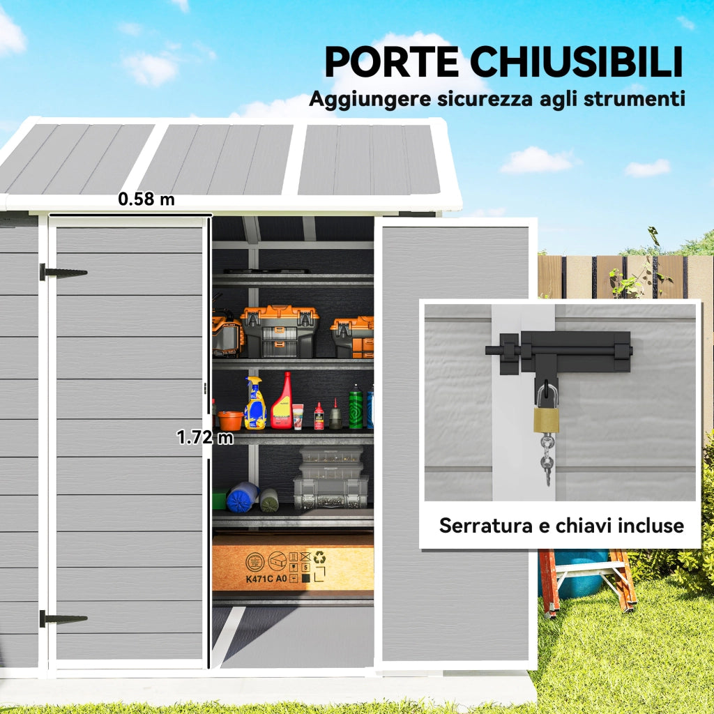 Casetta da Giardino in Resina ¨C Xylo ¨C Grigio, 2 Porte, Finestra, Pavimento, 1.8x1.8m