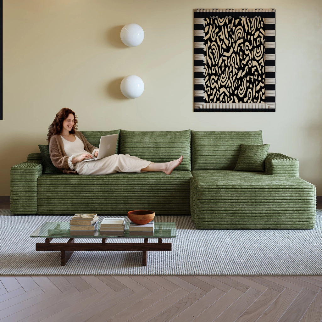 Divano angolare modulare senza montaggio con seduta profonda in tessuto a coste verde 270 × 175 × 83 cm
