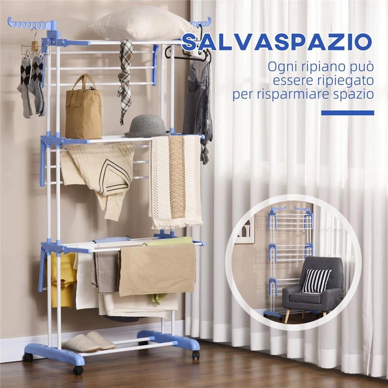 STENDIBIANCHERIA PIEGHEVOLE A 4 LIVELLI CON ALI GIREVOLI E 4 RUOTE 73X64X177 CM