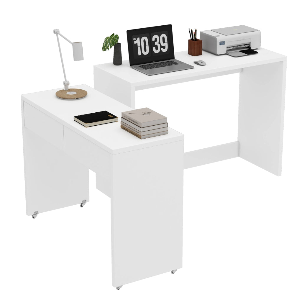Scrivania 2-in-1 pieghevole con ruote, tavolo compatto in truciolare bianco 110×40×78 cm