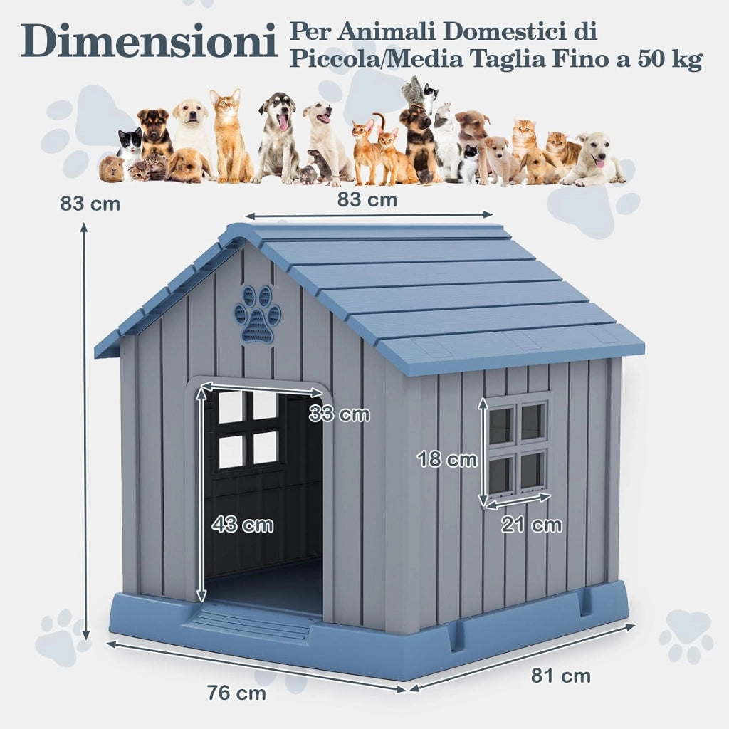 Cuccia per Cani da Esterno ed Interno, Casetta Impermeabile con Prese d’Aria e Pavimento Rialzato, per Cani di Piccola e Media Taglia