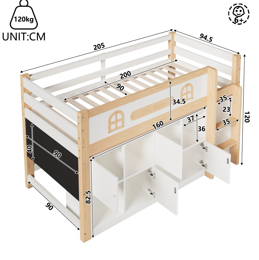 Letto a soppalco 205x94.5x120 cm; con lavagna; scomparti e scala; senza materasso; in pino e MDF; bianco naturale