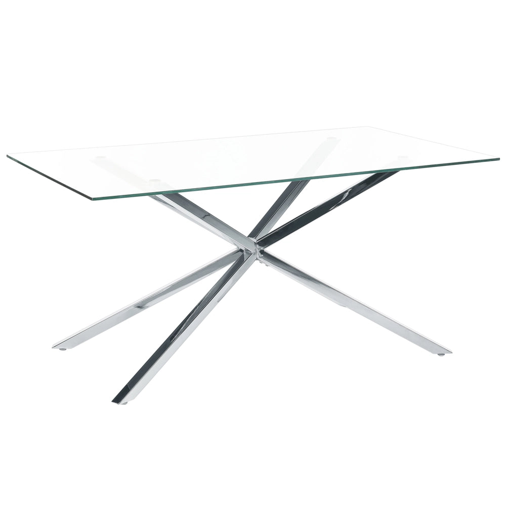 Tavolo da pranzo rettangolare con piano in vetro temperato trasparente 160 x 90 cm gambe in argento 4 persone design moderno
