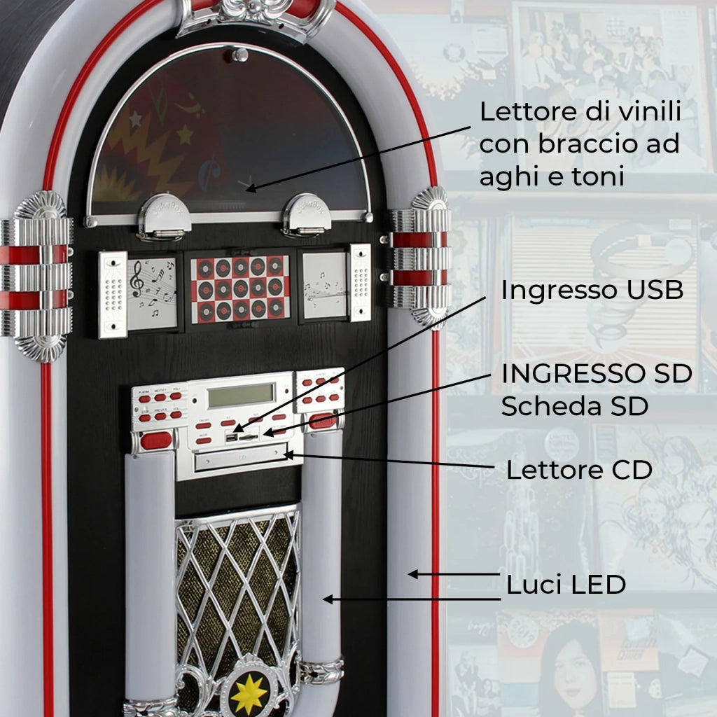 Jukebox Anni '50 con Vinile CD USB Bluetooth SD/MMC Memory Card Radio FM e AUX