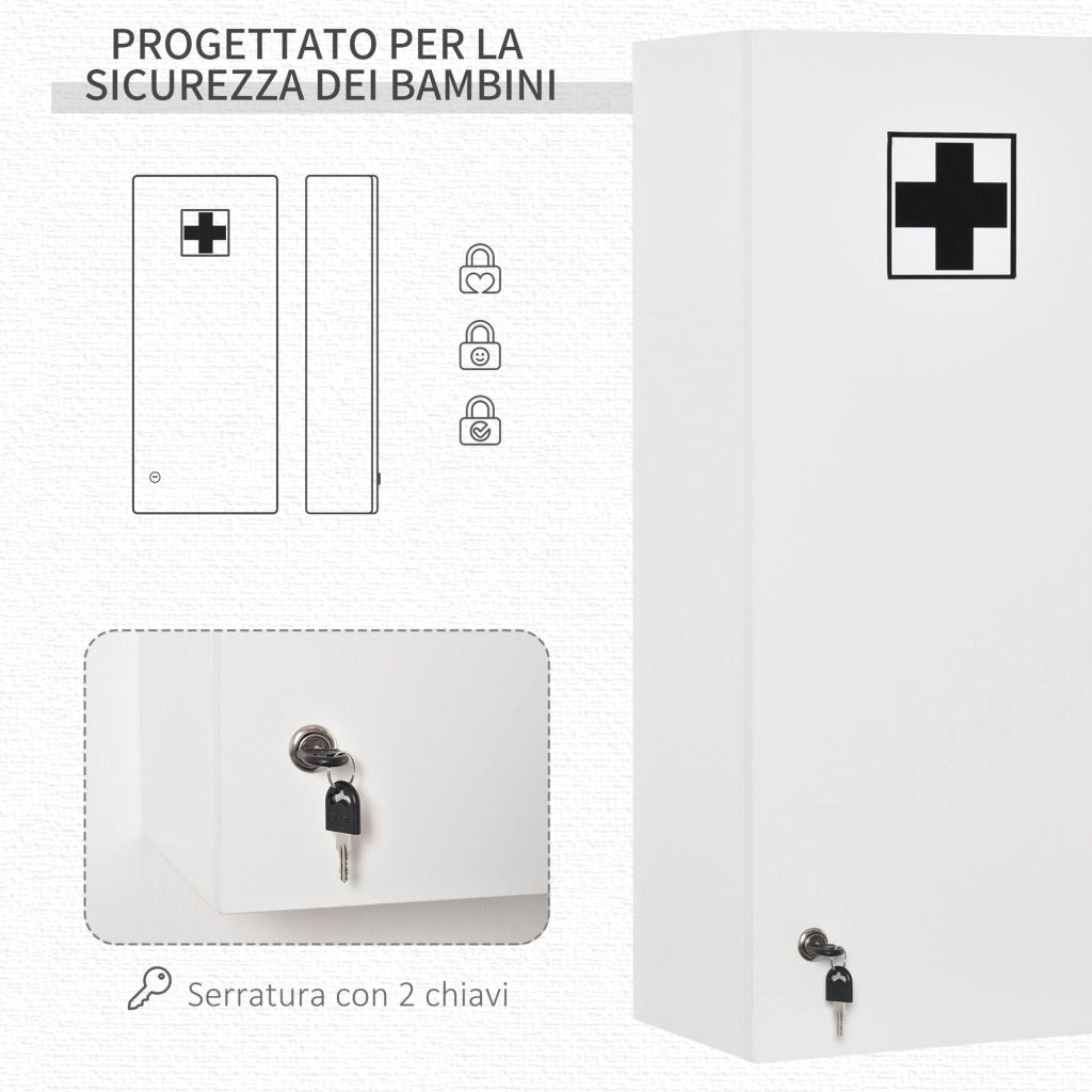 EasyComfort Armadietto Medicinali a Muro con Serratura, 5 Ripiani e Mensole Regolabili, in Legno e Vetro, Bianco, 30x20x70cm