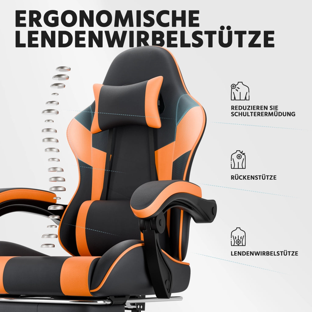 Sedia da ufficio ergonomica da gaming con supporto lombare, poggiatesta e braccioli sincronizzati in PVC arancione