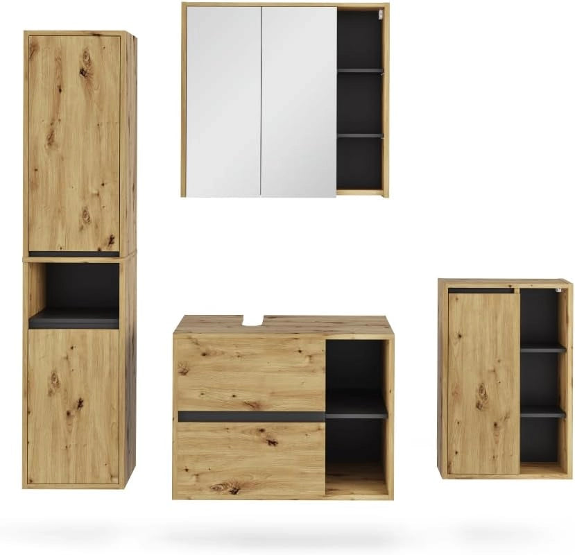 Set di mobili da bagno Viola, Artigiano/grigio, 80 cm, composto da mobile lavabo, pensile a specchio, colonna e base media