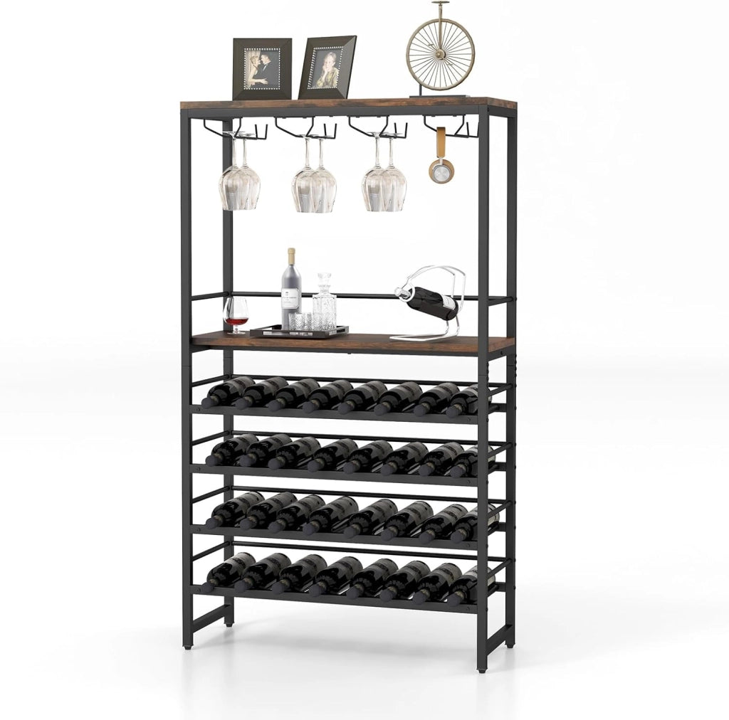 Portabottiglie Industriale Da Pavimento, Scaffale Per Vino a 6 Livelli Indipendente, Armadio In Metallo Con Righe Per 16 Tazze e 32 Bottiglie Per Cucina, Bar, Sala Da Pranzo, 80 x 30x140 cm