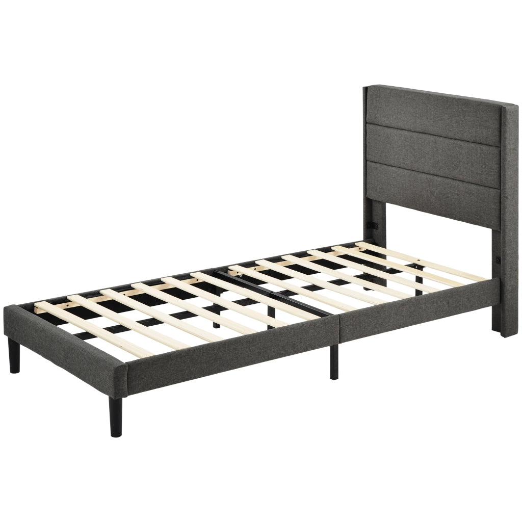 Letto imbottito 90x200 cm con rete e materasso 7 zone, rivestimento in lino grigio scuro, design moderno