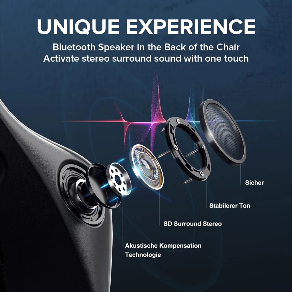 Sedia da gaming, con poggiapiedi, altoparlante Bluetooth, ergonomica, da ufficio, da scrivania, con schienale regolabile, portata 150 kg, colore: nero