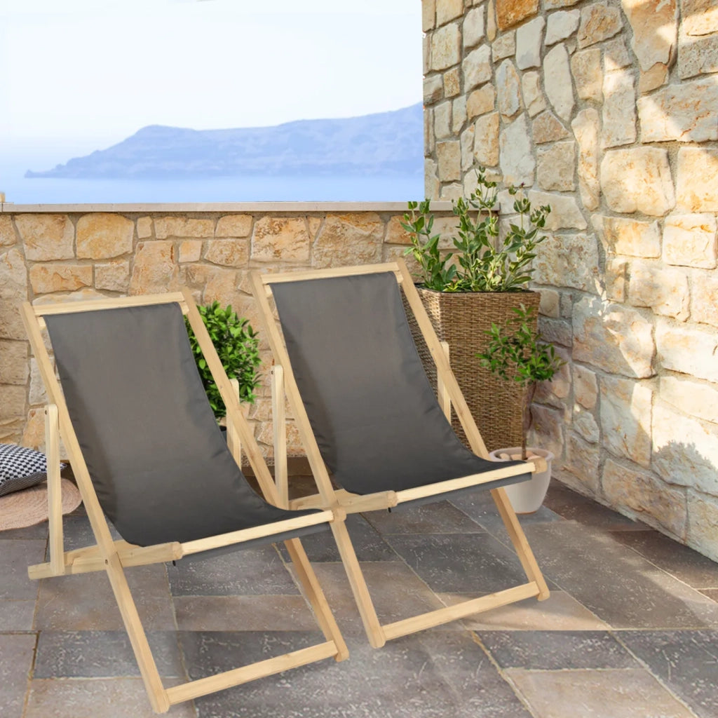 IDMarket - Set di 2 lettini pieghevoli in legno tela chilienne grigio antracite