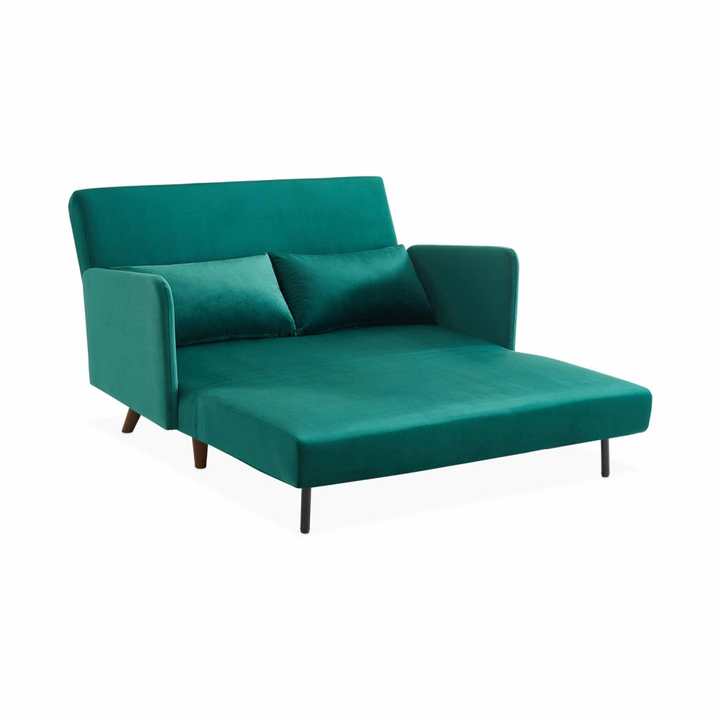 Divano letto in velluto con gambe in legno, 2 posti, verde
