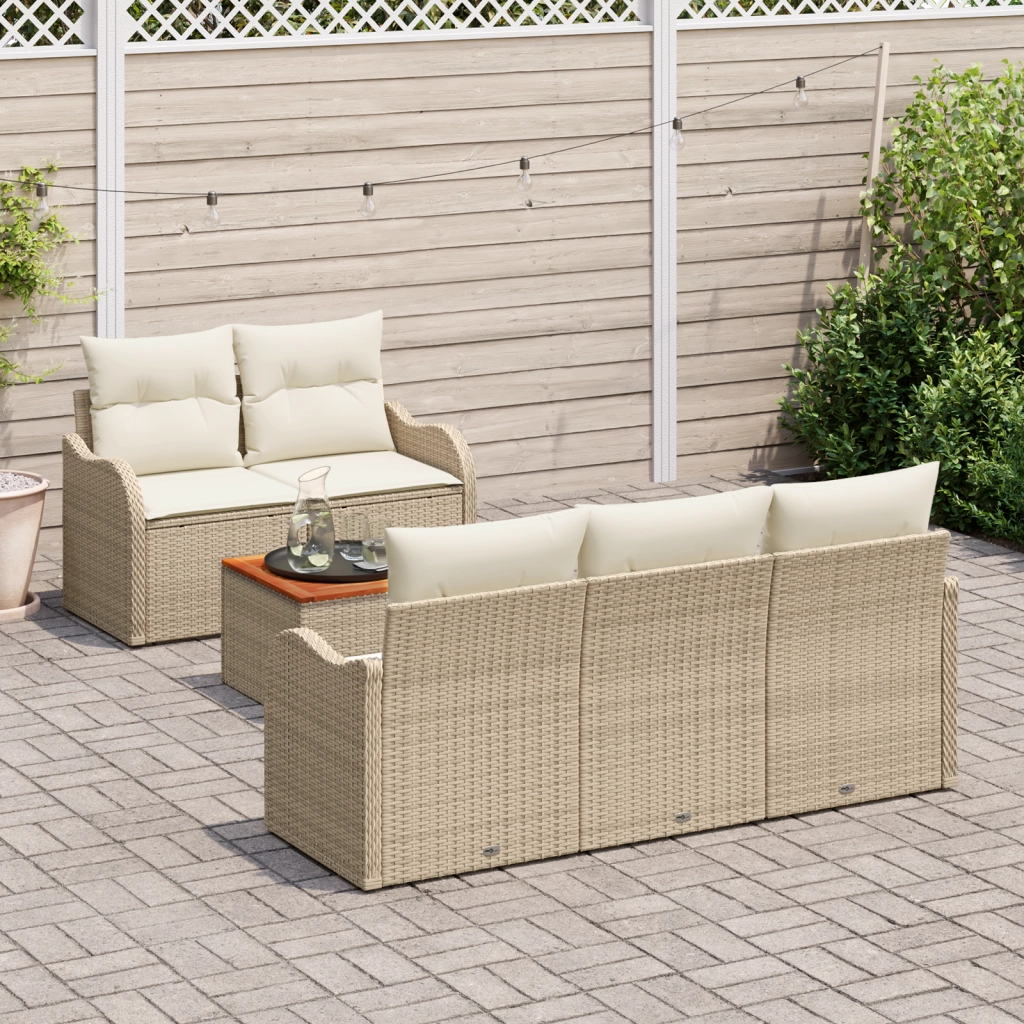Set divano da giardino  6 pezzi con cuscini beige in rattan sintetico e acacia