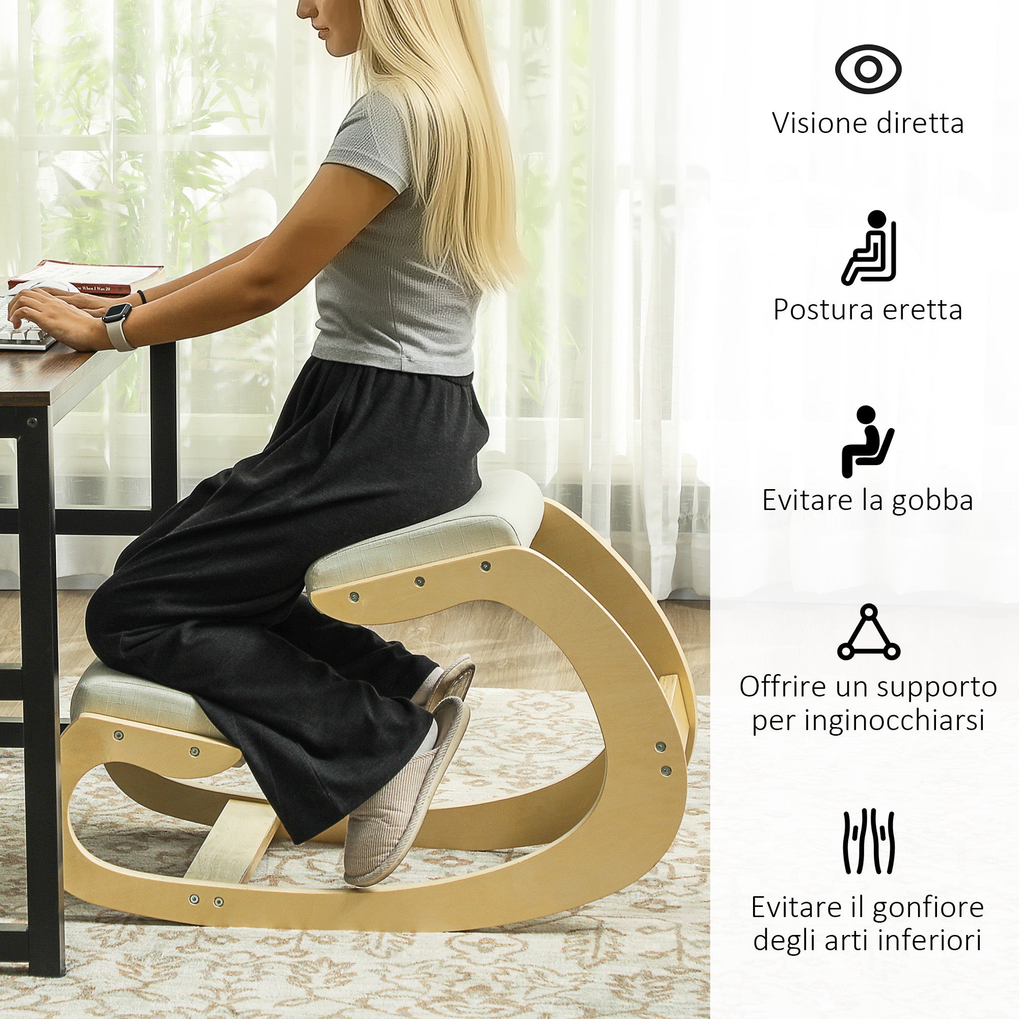 Sedia Inginocchiatoio con Movimento a Dondolo  55x85x55 cm in Tessuto Effetto Lino e Legno di Betulla Crema