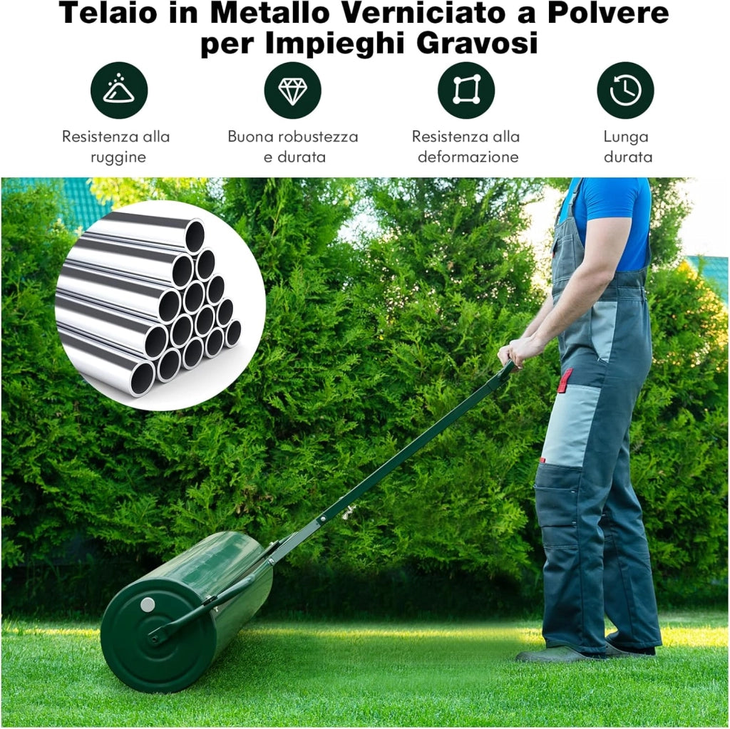 Rullo per Prato in Metallo 63 L, Rullo da Giardino 90 cm Riempibile con Acqua/Sabbia, con Gancio e Impugnatura Staccabile 137 cm, Ideale per Giardino, Prato, Parco e Fattoria (Verde)