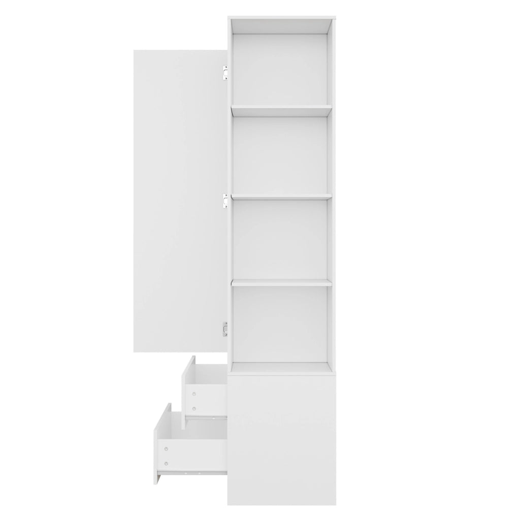 Armadio guardaroba bianco con specchio, 2 cassetti e 4 ripiani, 80x40x180 cm