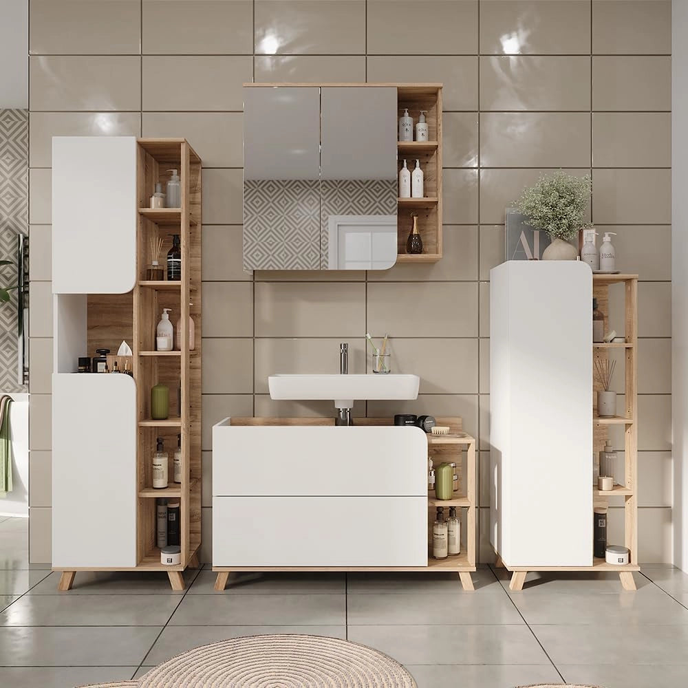 Mobiletto per lavabo Karen, Sonoma/Bianco, 100 x 65 cm con 2 cassetti, per montaggio sotto il lavabo con apertura per sifone