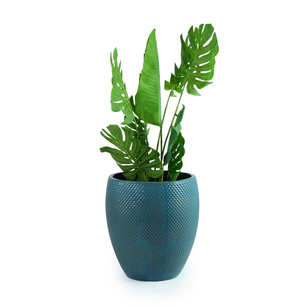 Vaso per piante grande in ceramica turchese diametro 46 cm con rilievo a rombi e drenaggio