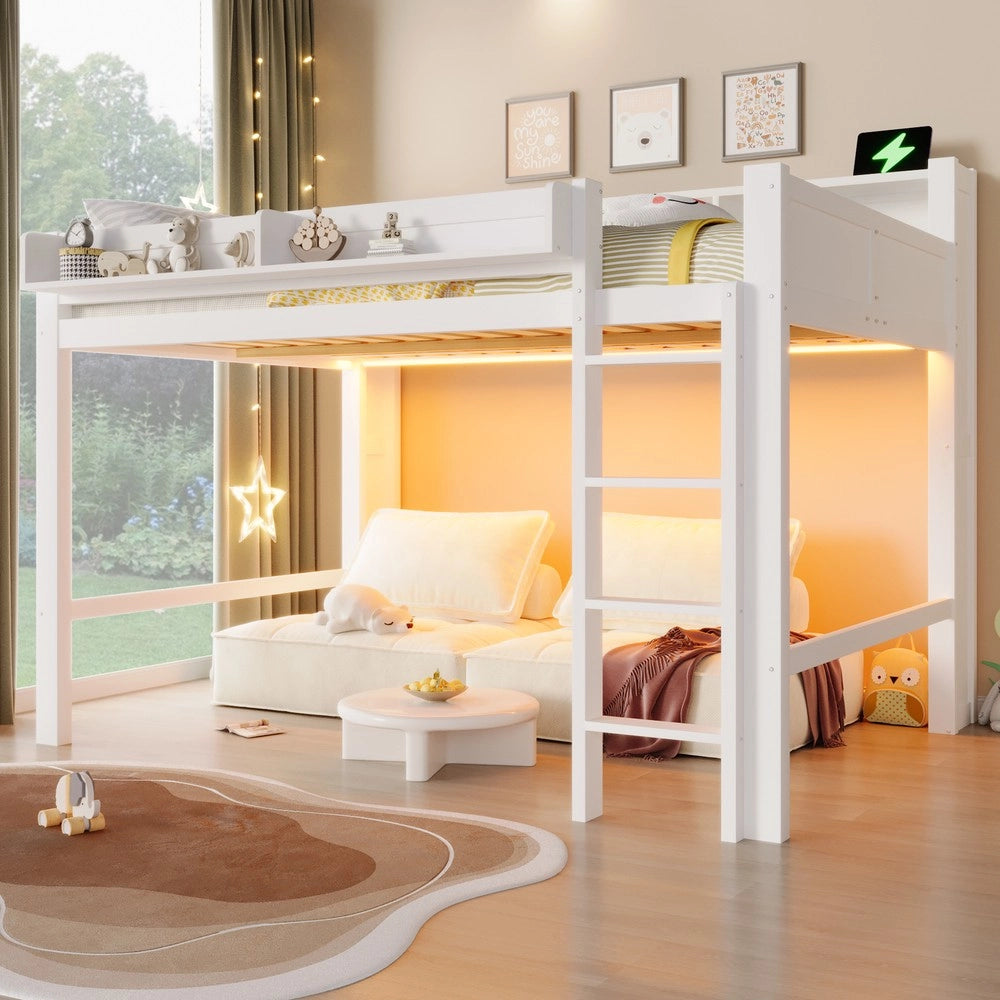 Letto a Soppalco in Legno con LED e USB ¨C MINIMAL ¨C Bianco 140x200 cm