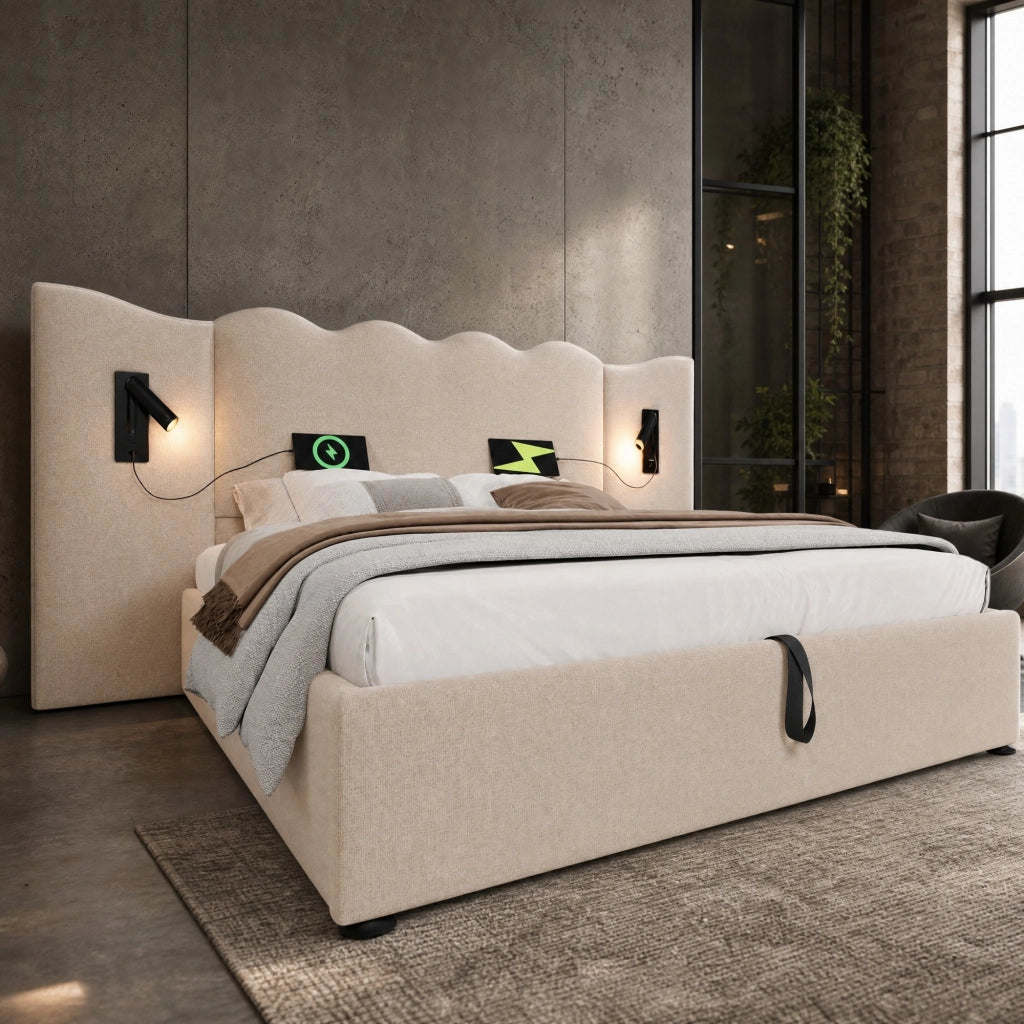 Letto matrimoniale 160x200 cm in lino beige con luce da lettura; USB Type-C e vano contenitore