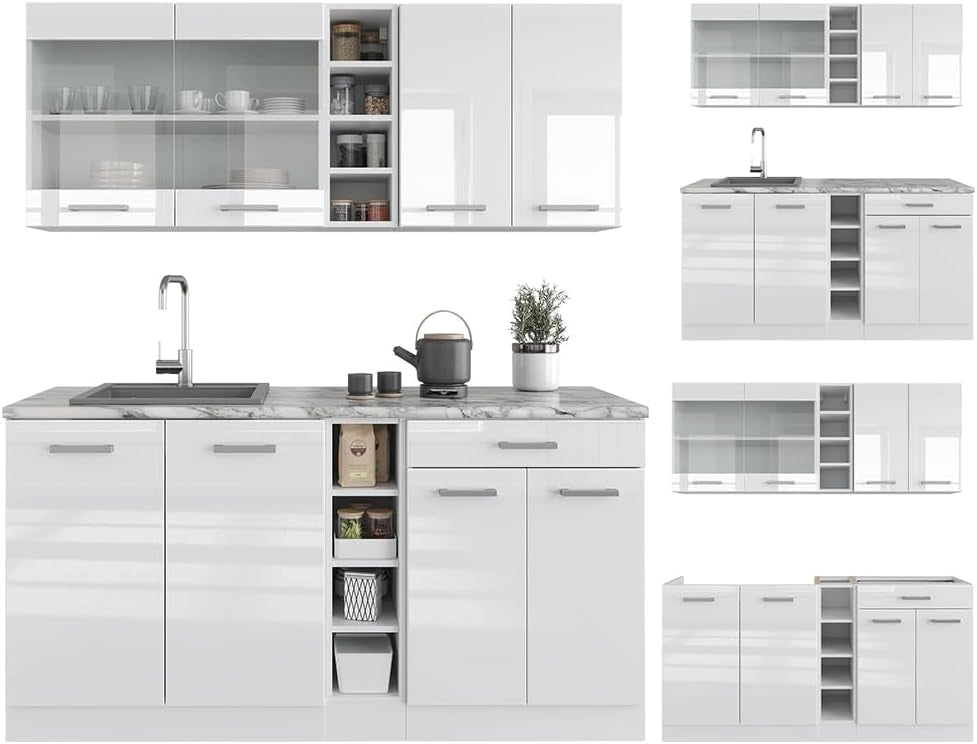 Cucina completa R-Line, Bianco lucido/bianco, 160 cm, PL Marmo, con disposizione flessibile dei moduli ed espandibile