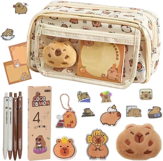 Set di Stazione da Ufficio Kawaii con Pena e Matita - Multi-strato Grande Capacità - Chiave di Cerniera Capibara - Brocchi - Adesivi - Quaderno Animale Ripieno - Scuola - Ufficio