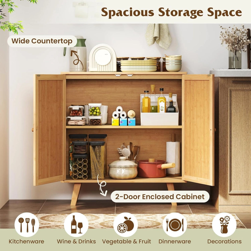Credenza da cucina in bambù con 2 ante decorate in rattan, 80 x 34,5 x 85 cm, armadio a 2 livelli, stile boemo, mobile per sala da pranzo, soggiorno, camera da letto